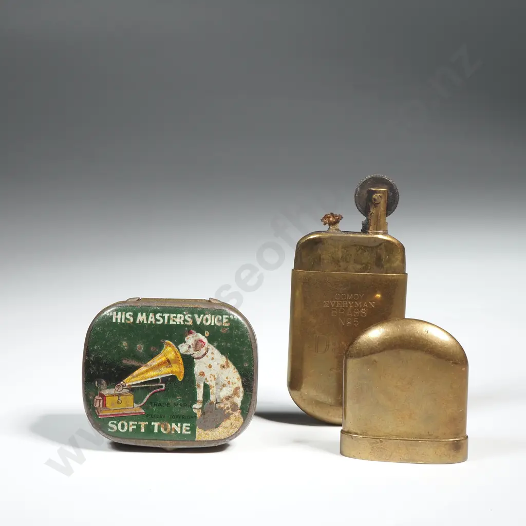 Vintage Brass Petrol Trench Style Lighter & "His Master's Voice" Gramophone Needle Tin Image 1++