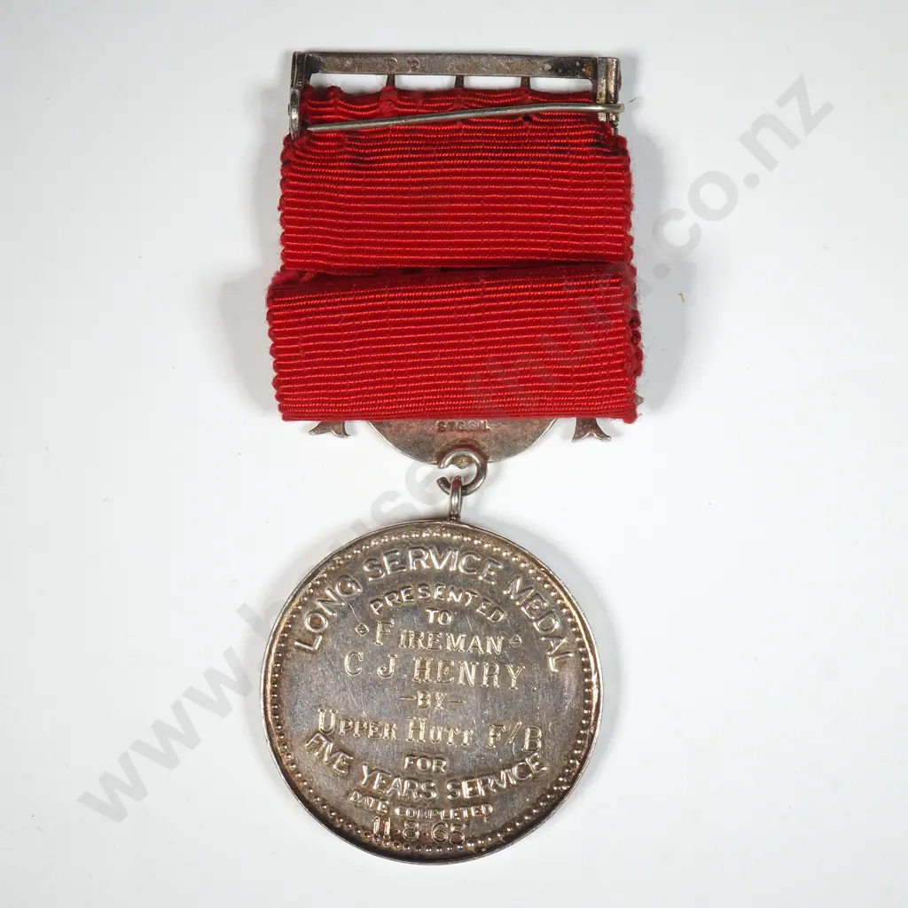 1965 UFBA Sterling Silver Five Year Service Medal Named to Fireman C J Henry by Upper Hutt Image 1++