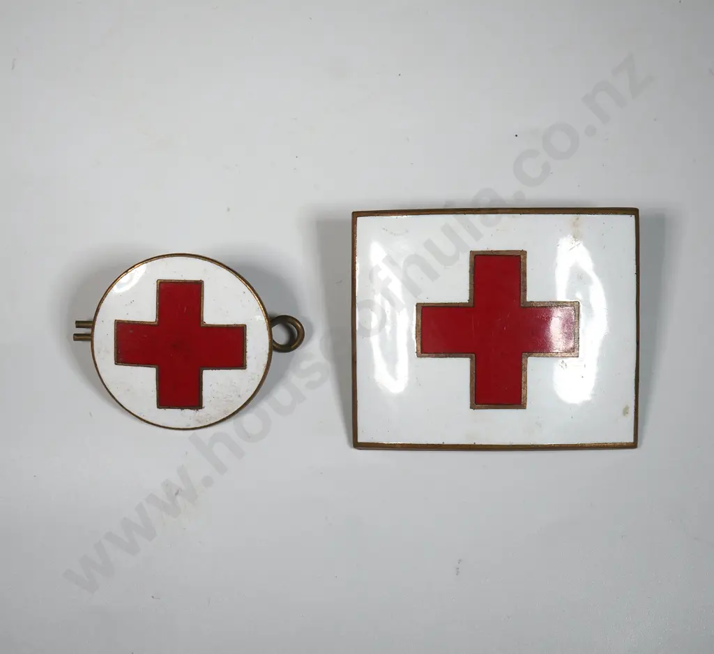 Two Antique Brass & Enamel Red Cross Badges Image 1++