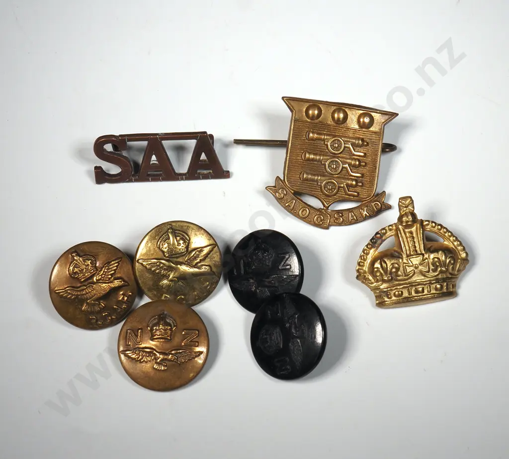 Three Badges - Nz Army Ordinance Corp Badge, Warrant Officers Crown Badge, South African Artillery Badge Image 1++