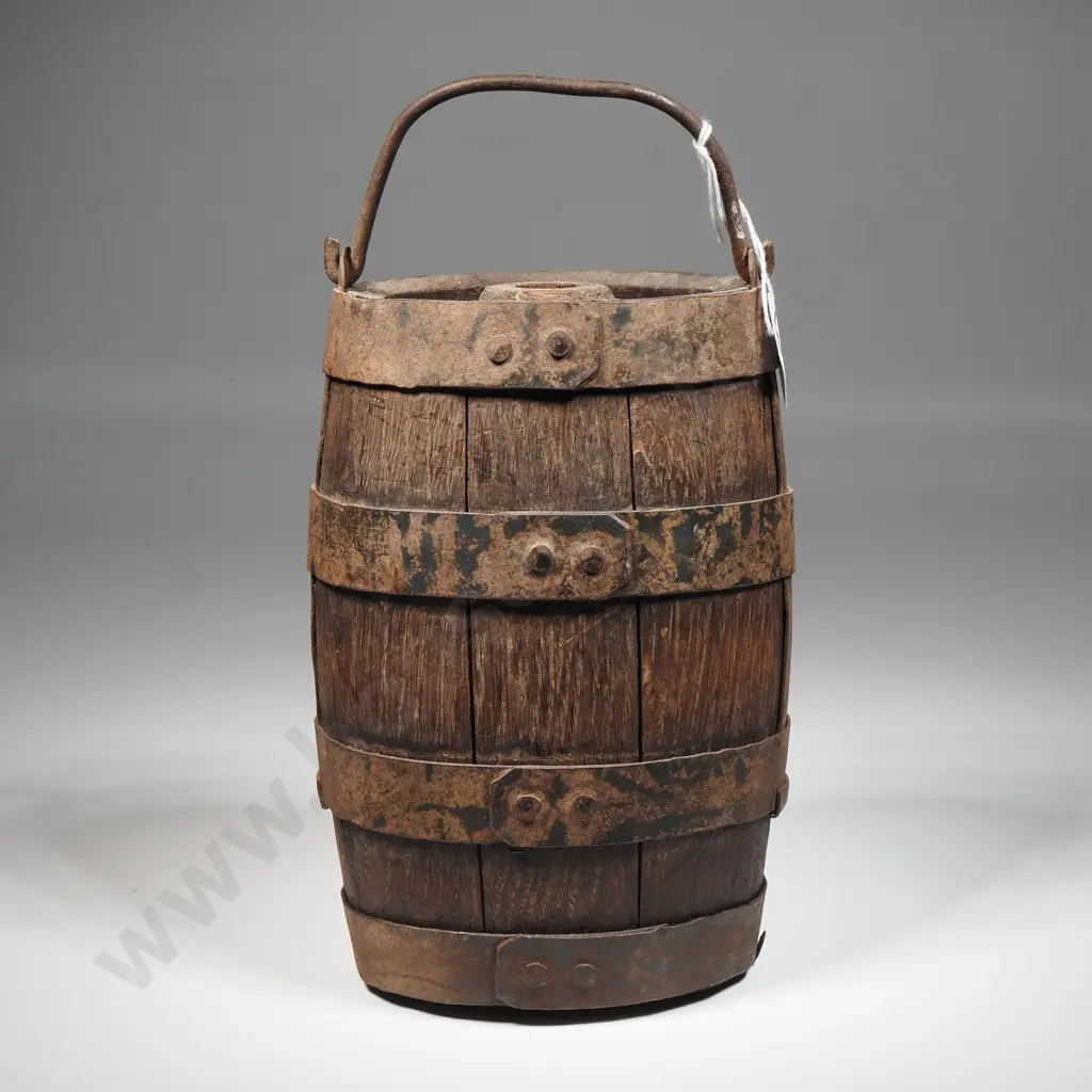 Miniature Oak Barrel w Staves & Hoops. Minus Stopper. Complete w Handle. H 180mm Image 1++