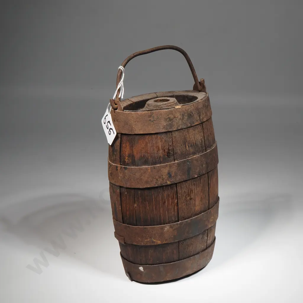 Miniature Oak Barrel w Staves & Hoops. Minus Stopper. Complete w Handle. H 180mm Image 1++
