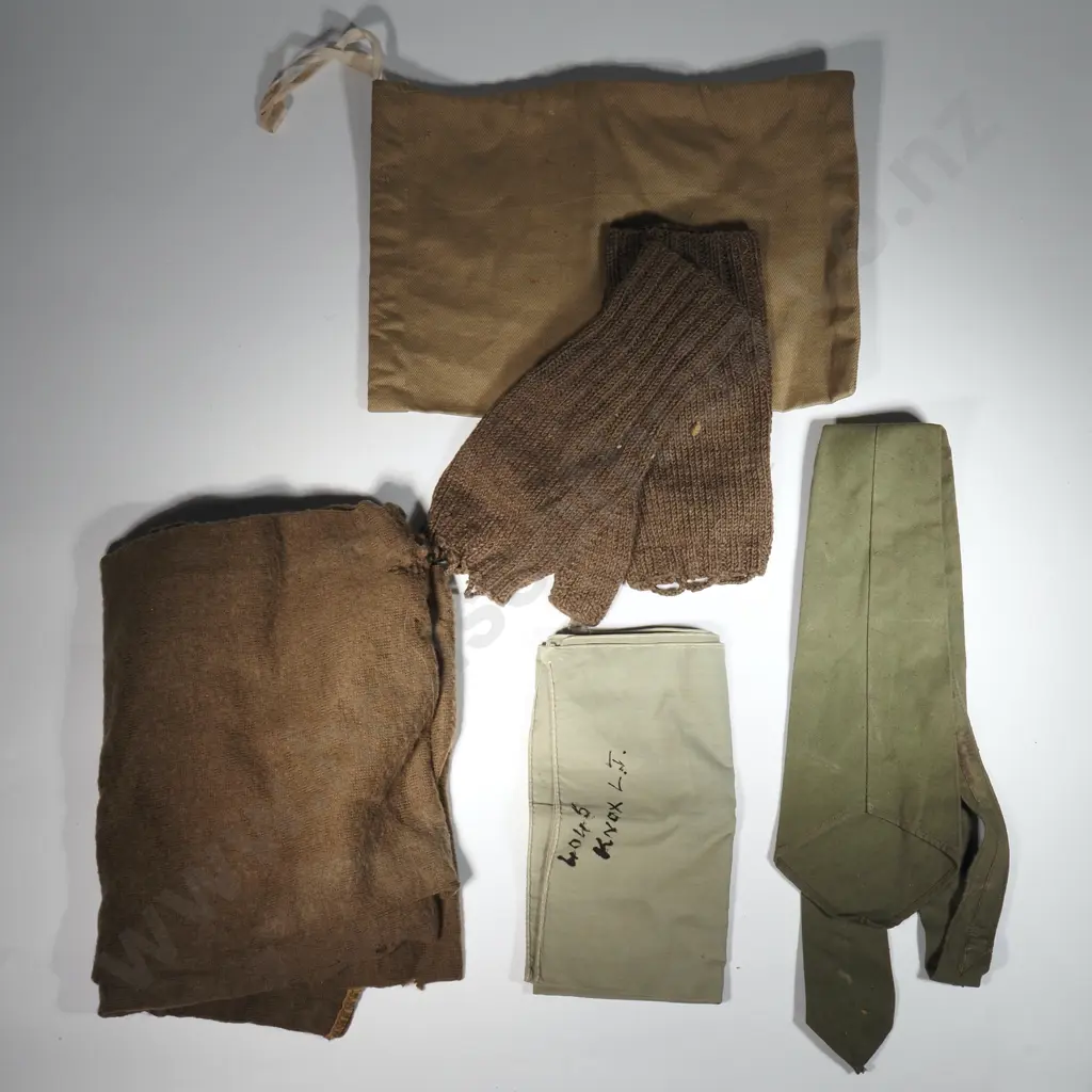 Various Items Of Vintage Military Field Gear To Include  A Pair Of Wool Socks, Tie, Bag, Woollen Scarf (A/F) & Kerchief Image 1++