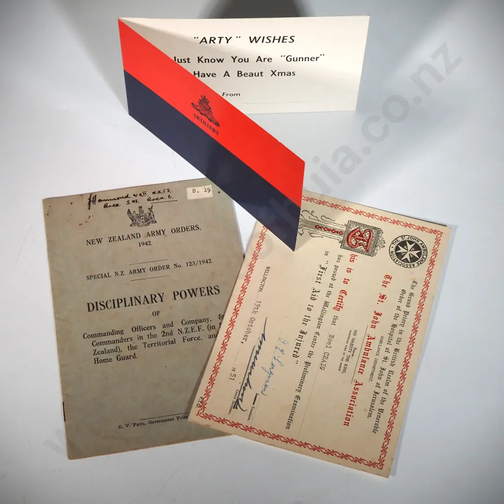 1951 St John Ambulance First Aid Certification Certificate / Artillery Card / 1942 Disciplinary Powers  Image 1++