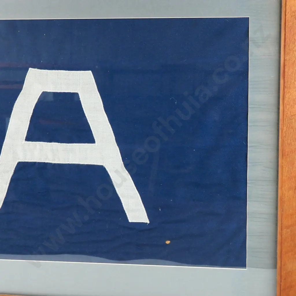 Framed Flag - White Letter 'A' "Alpha Company" on Navy Background. Image 1++