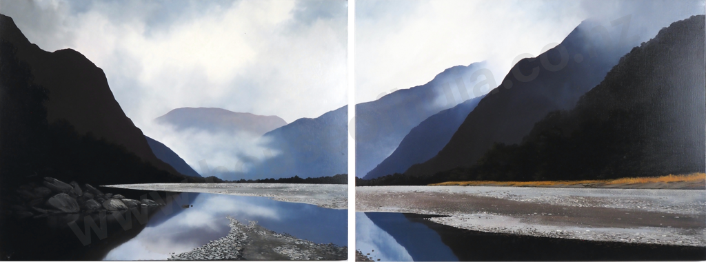 A H J Wilson - South New Zealand River Scene, Oil, Diptych Image 1++
