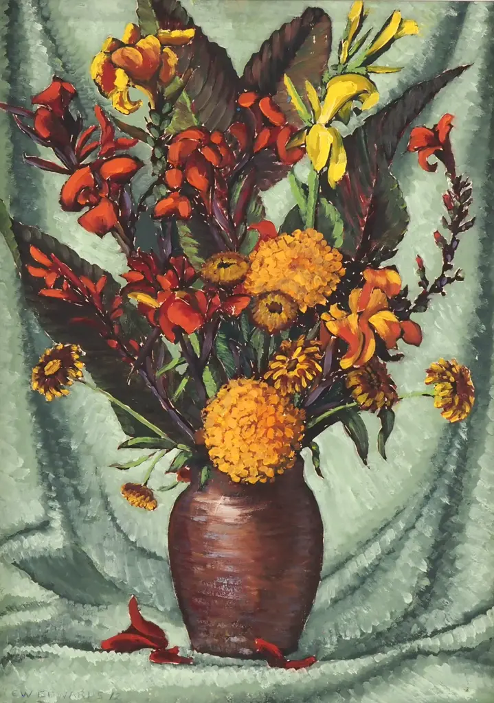 G W Edwards - Still Life w Vase of Flowers, Oil Image 1++