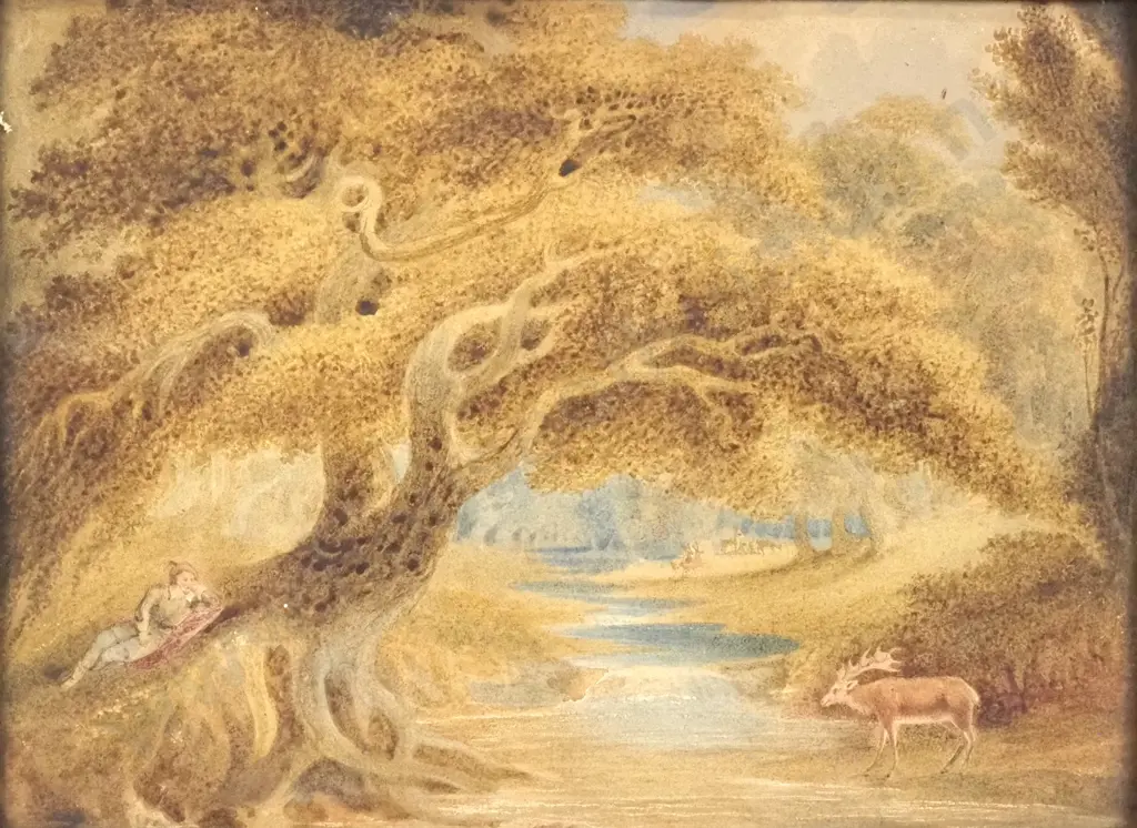 Unknown - Early English Scene Hunter & Deer, Watercolour Image 1++