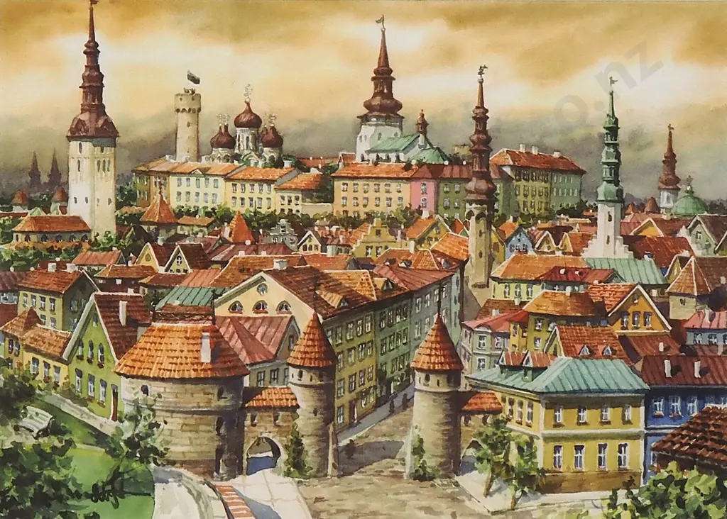 Artist Indecipherable - View Of Tallin Estonia, Watercolour Image 1++