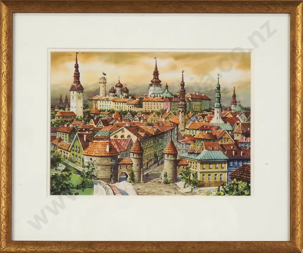 Artist Indecipherable - View Of Tallin Estonia, Watercolour Image 1++