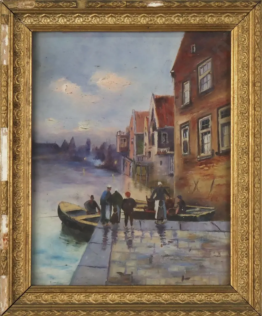 Unknown - A Dutch Or Flemish Canal Scene with Boats, Oil Image 1++