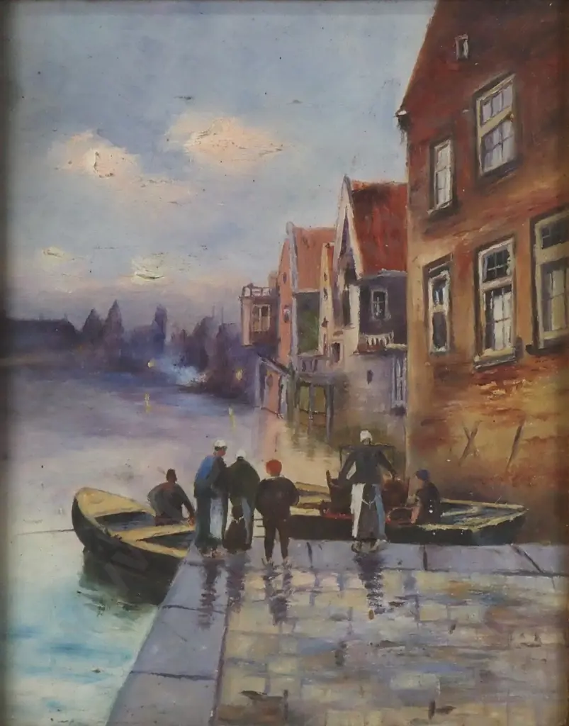 Unknown - A Dutch Or Flemish Canal Scene with Boats, Oil Image 1++