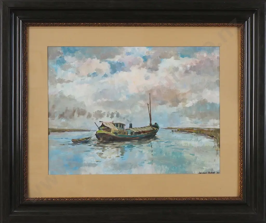 Lambert Herber - Barge & Rowing Boat In Harbour, Oil On Board Image 1++