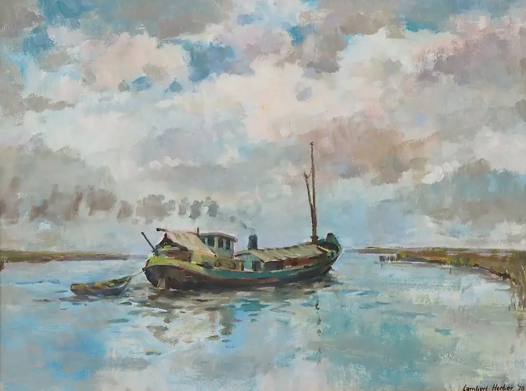 Lambert Herber - Barge & Rowing Boat In Harbour, Oil On Board Image 1++