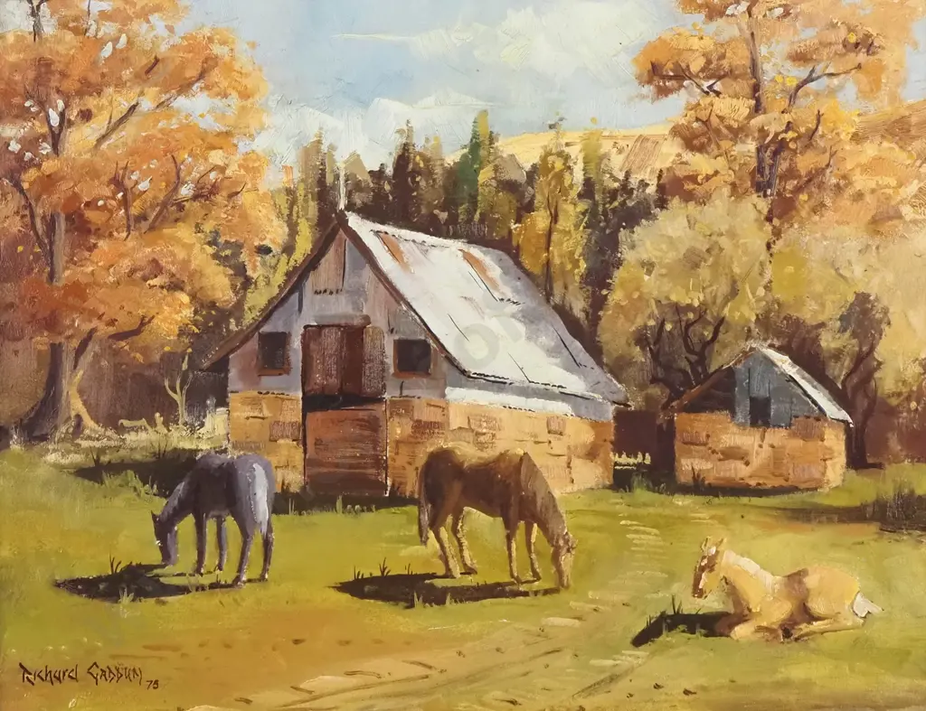 Richard Gaddum - Horses in an Autumn Ohau, Oil on Board (1975) Image 1++