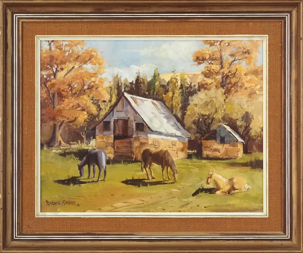 Richard Gaddum - Horses in an Autumn Ohau, Oil on Board (1975) Image 1++