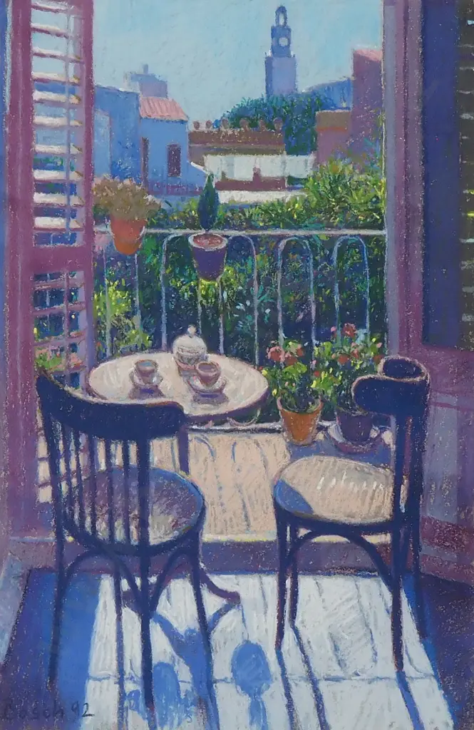 Unknown - Balcony Scene, Pastel on Paper. Image 1++