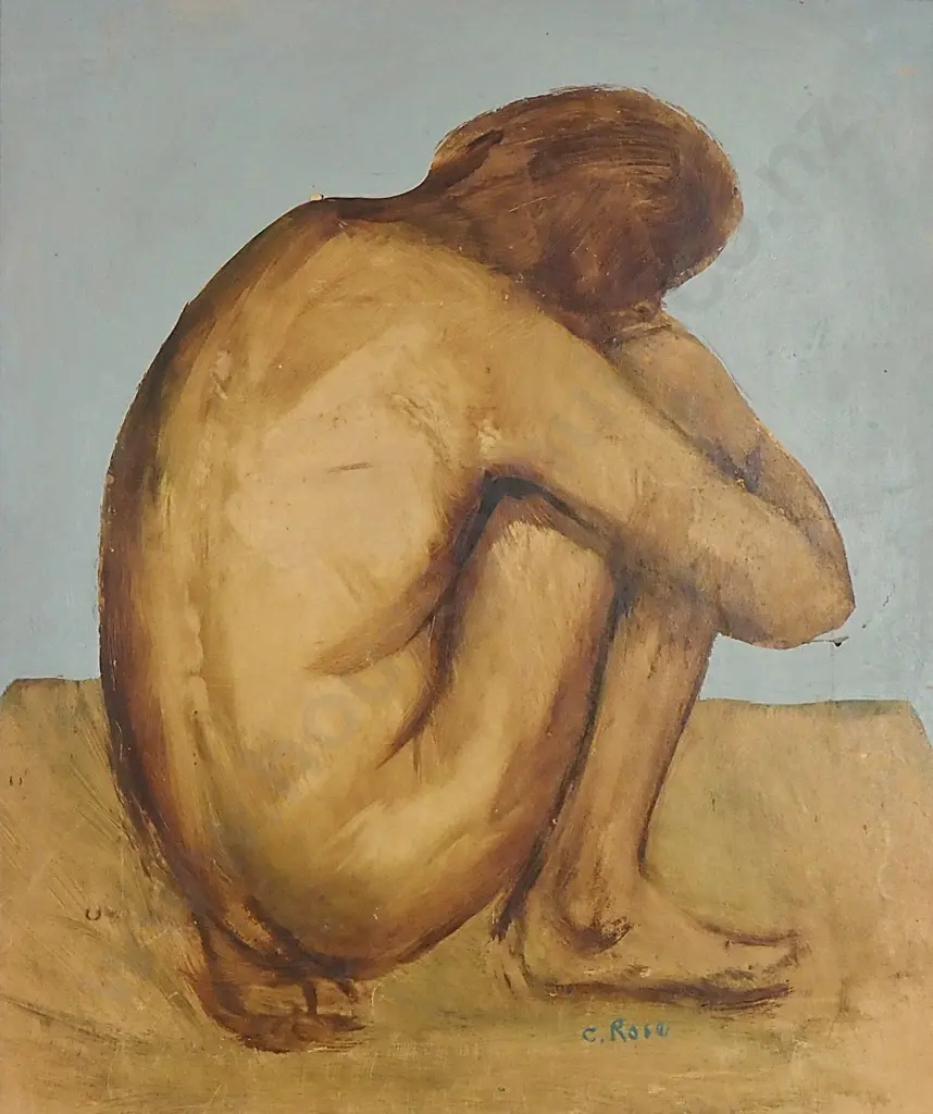 Charles Rose - Crouching Nude, Mixed Media on Card Image 1++