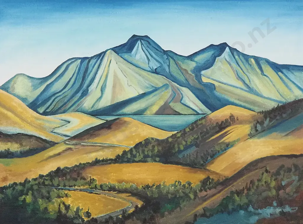 Geoffrey H Heath - Lakeside w Rugged Mountain Background, Oil on Canvas Board Image 1++