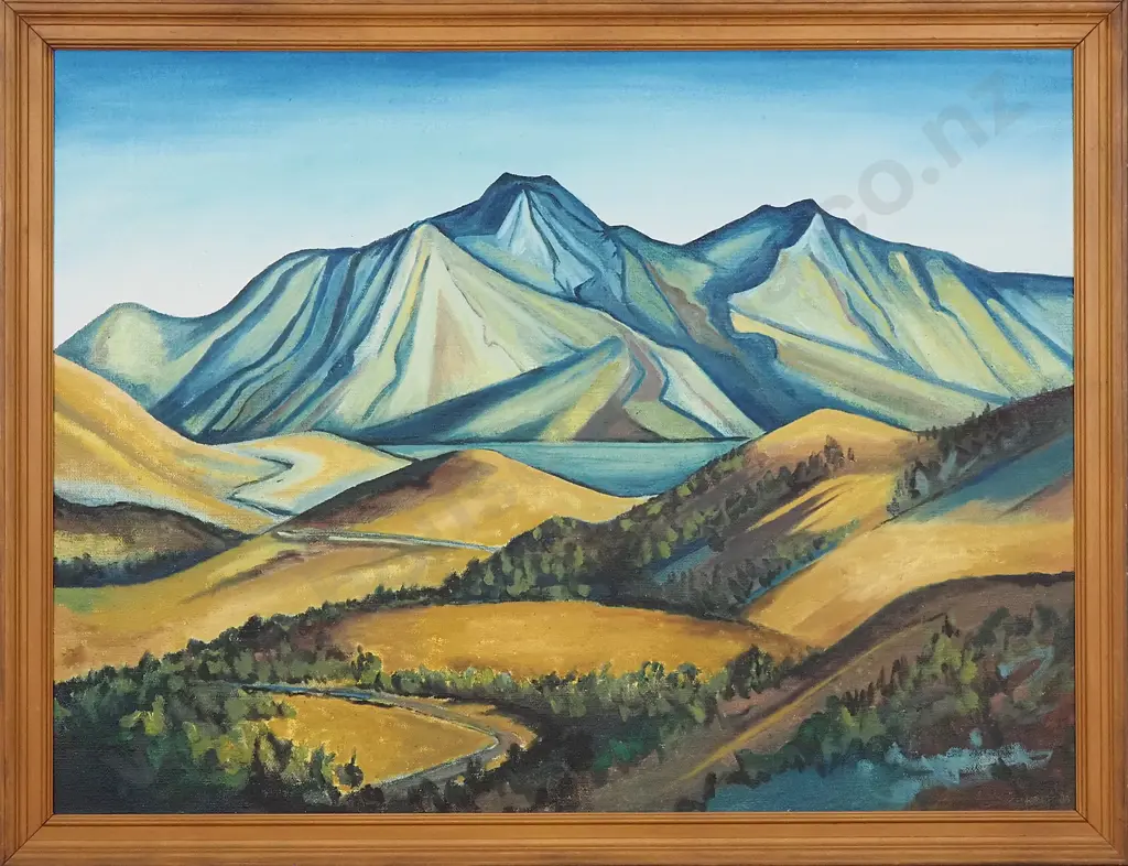 Geoffrey H Heath - Lakeside w Rugged Mountain Background, Oil on Canvas Board Image 1++