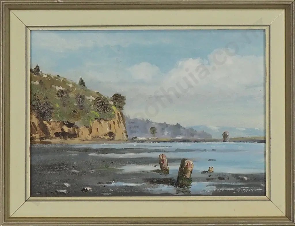 George H Searle - 'Old Piles, Sumner Beach', Oil on Board Image 1++