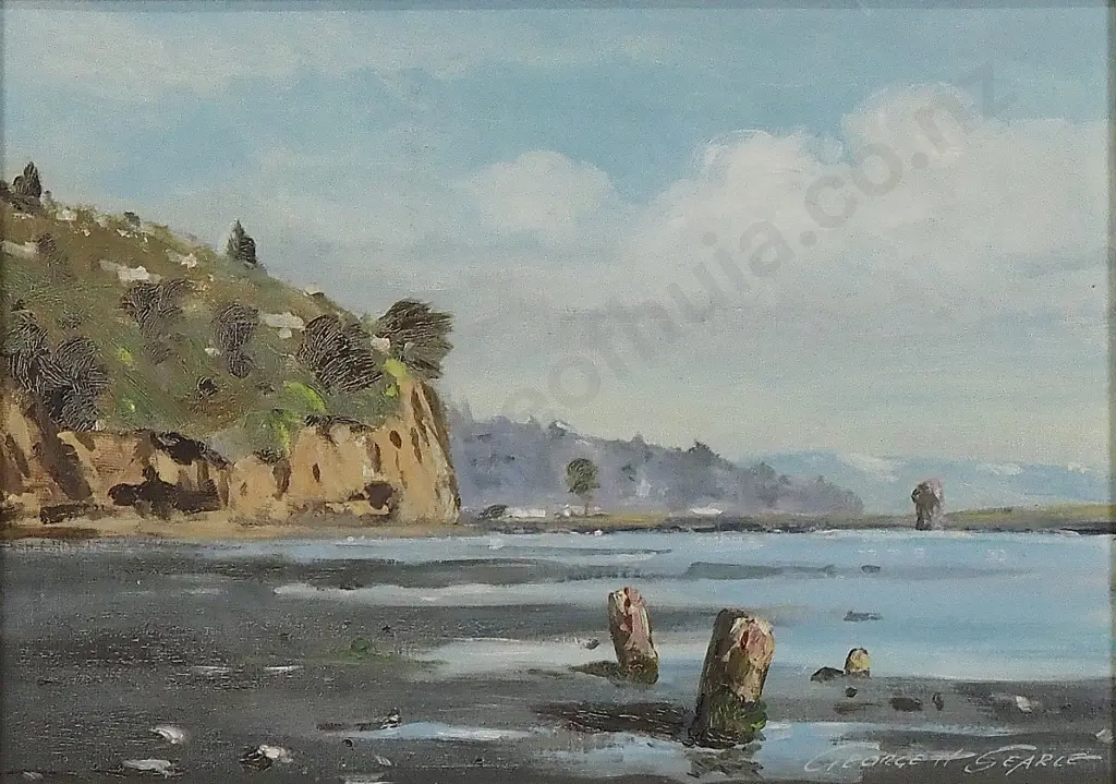 George H Searle - 'Old Piles, Sumner Beach', Oil on Board Image 1++