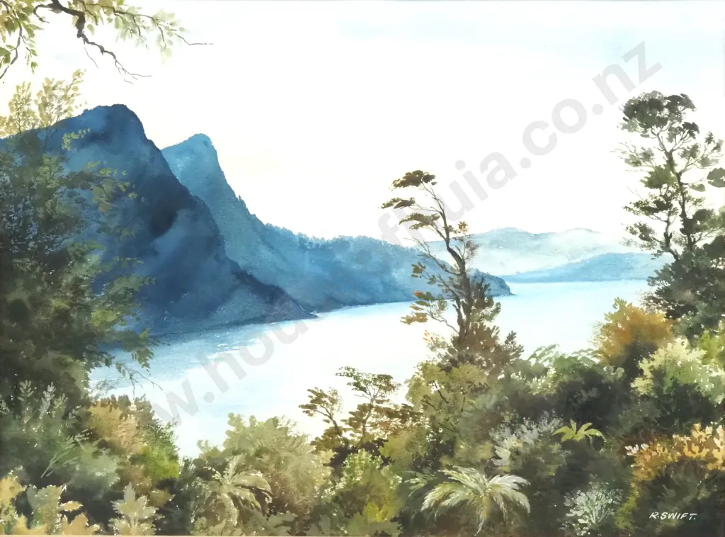 R Swift - Lake Mountains & Bush Landscape, Watercolour Image 1++