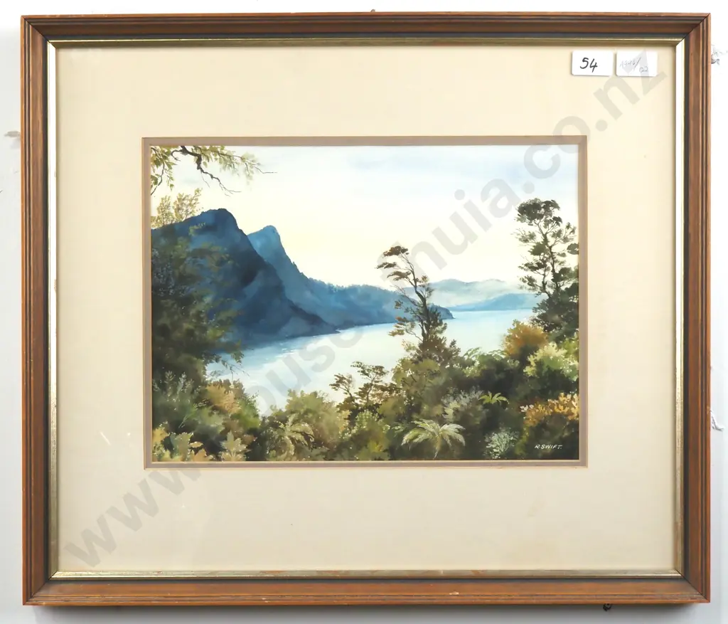 R Swift - Lake Mountains & Bush Landscape, Watercolour Image 1++