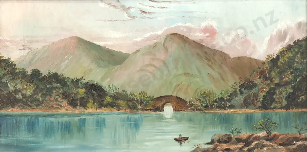 Artist Unknown - Landscape Scene w Bridge & Canoe, Oil Image 1++