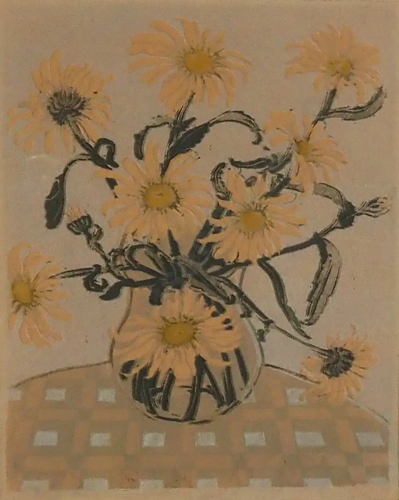 Artist Unknown - Floral Still Life, Linocut Image 1++