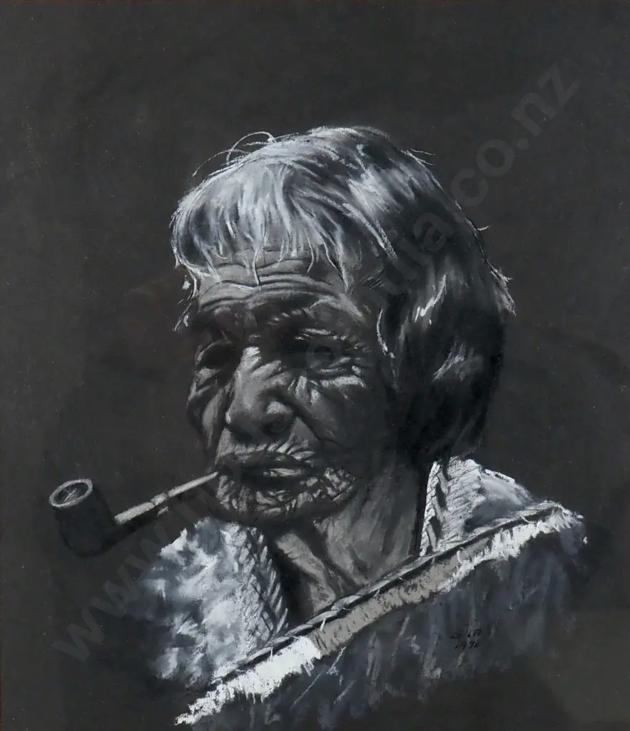 Leila - Portrait of a Woman w Moko Kauae '72', Monochrome Pastel Image 1++