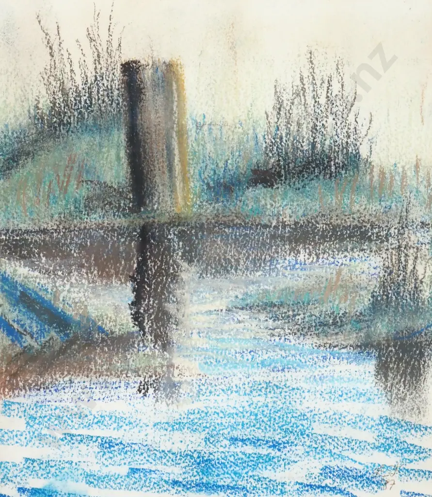 Carolyn Fletcher - River Scene with Tree Stump, Crayon Image 1++