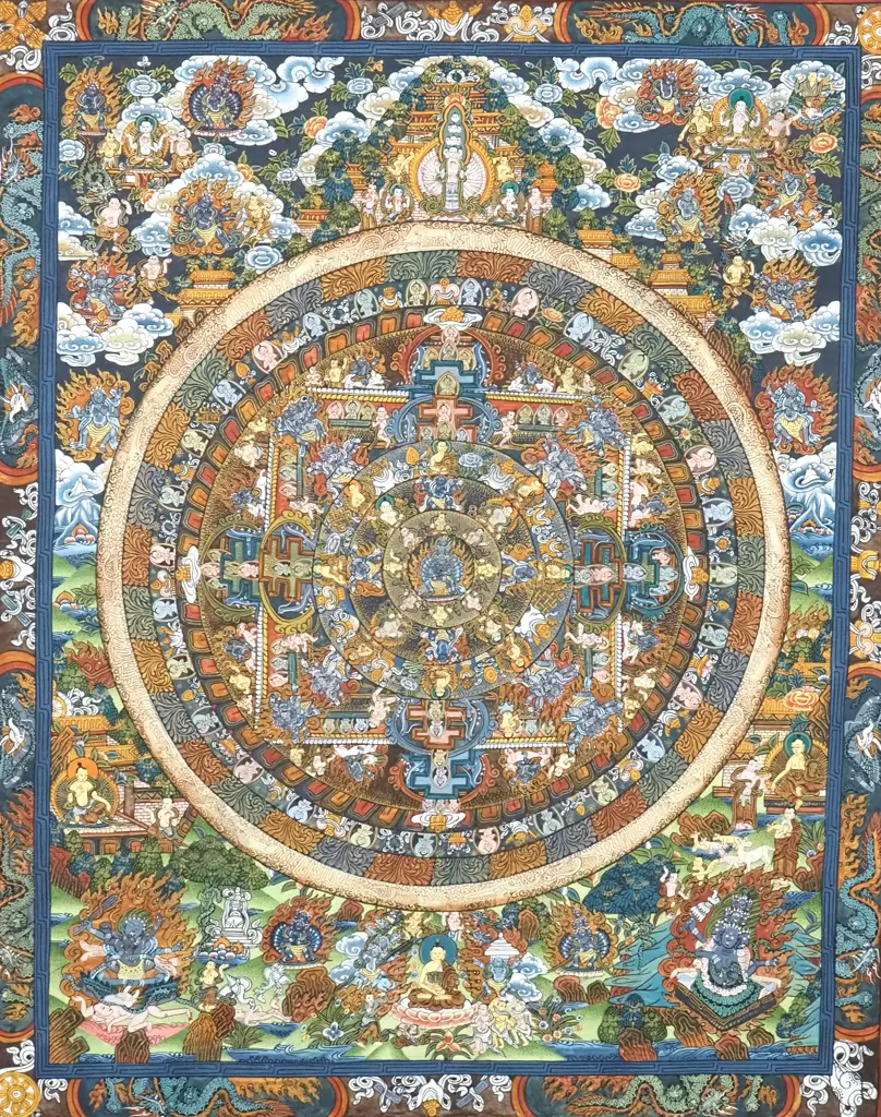 Painted Tibetan Mandala Thangka Featuring Deities, Mandalas & Scenes From The Life Of Buddha  Image 1++