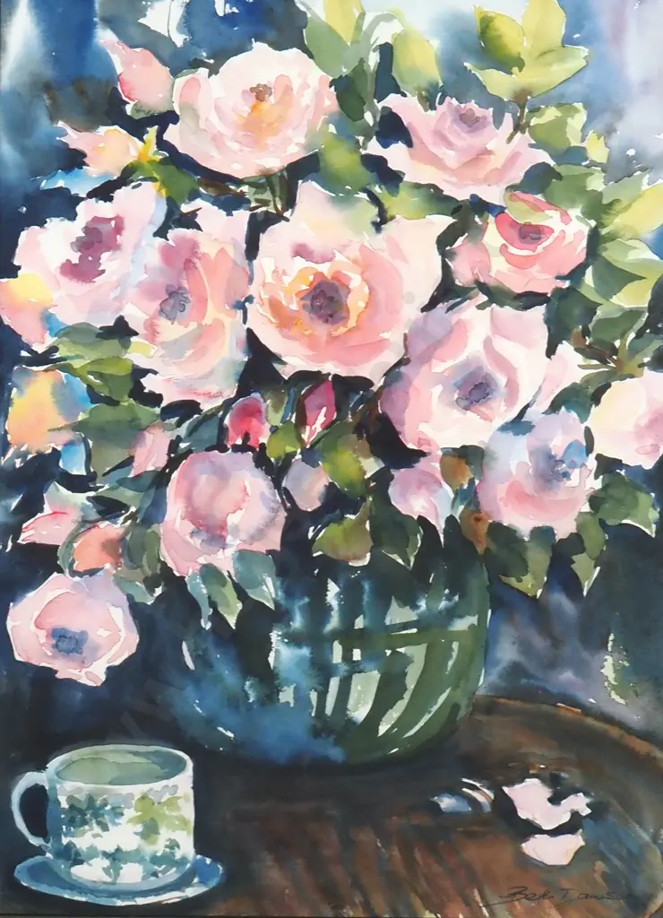 Beth Dawson - Still Life w Roses & Teacup, Watercolour Image 1++