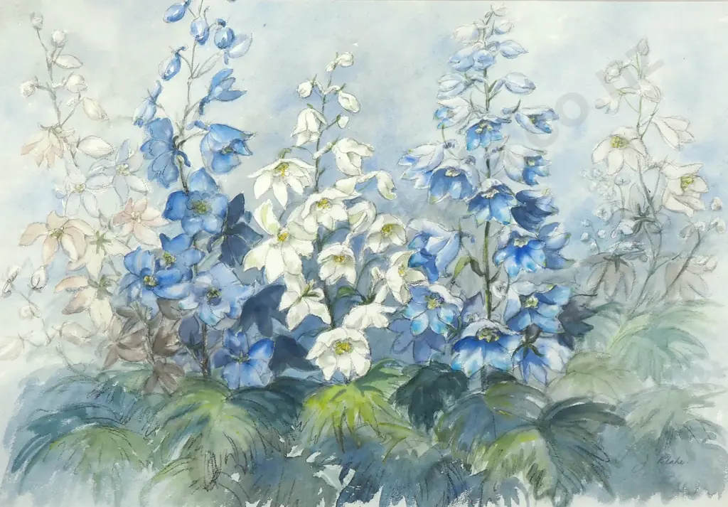 J Blake - Patch of Delphiniums, Watercolour on Paper Image 1++