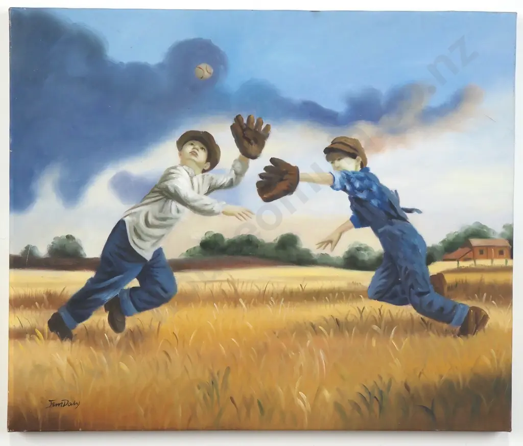 Artist Unknown - Two Boys Playing field baseball, Acrylic on canvas Image 1++