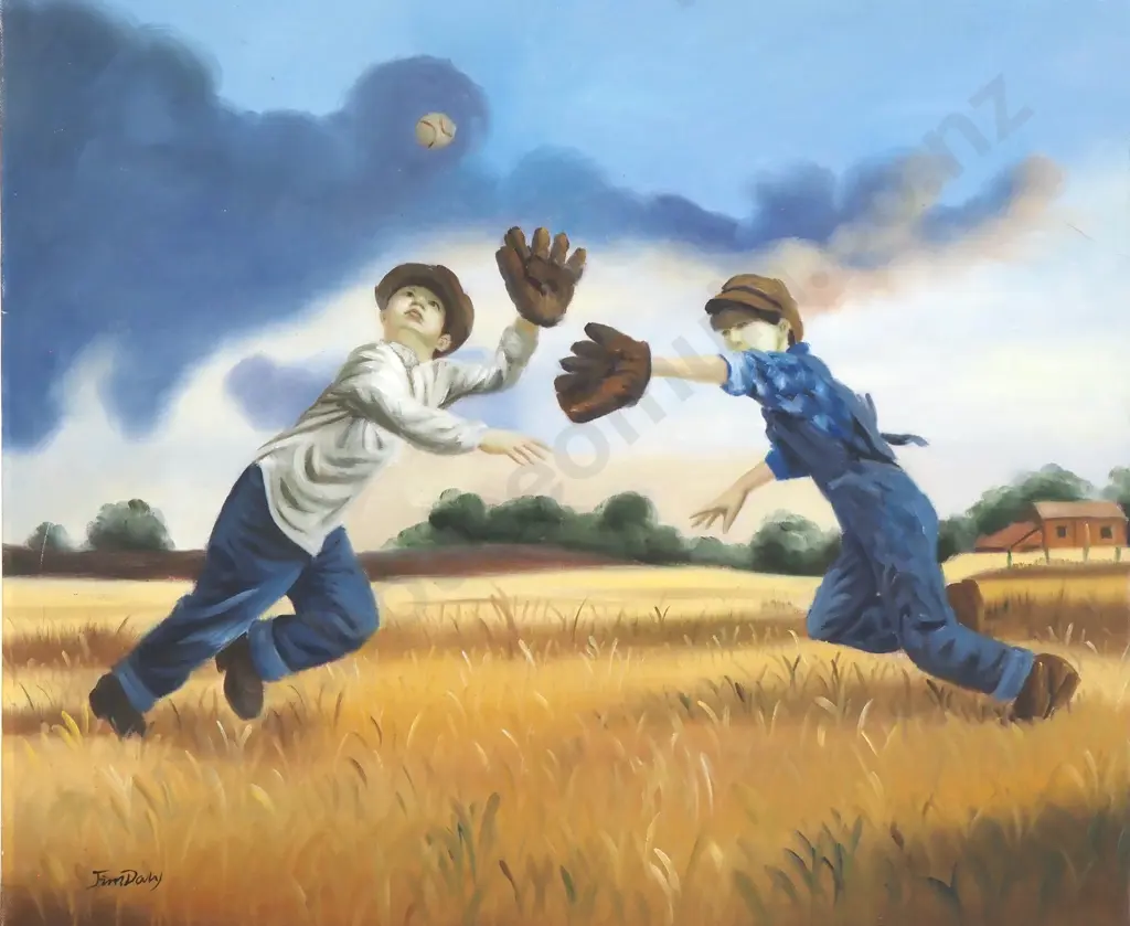 Artist Unknown - Two Boys Playing field baseball, Acrylic on canvas Image 1++