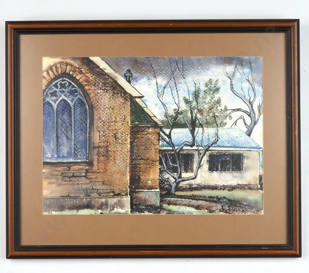 E Stevens - Church Facade, Ink & Watercolour Image 1++