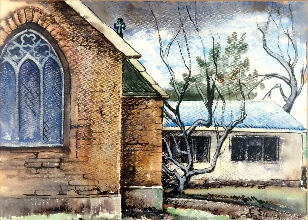 E Stevens - Church Facade, Ink & Watercolour Image 1++
