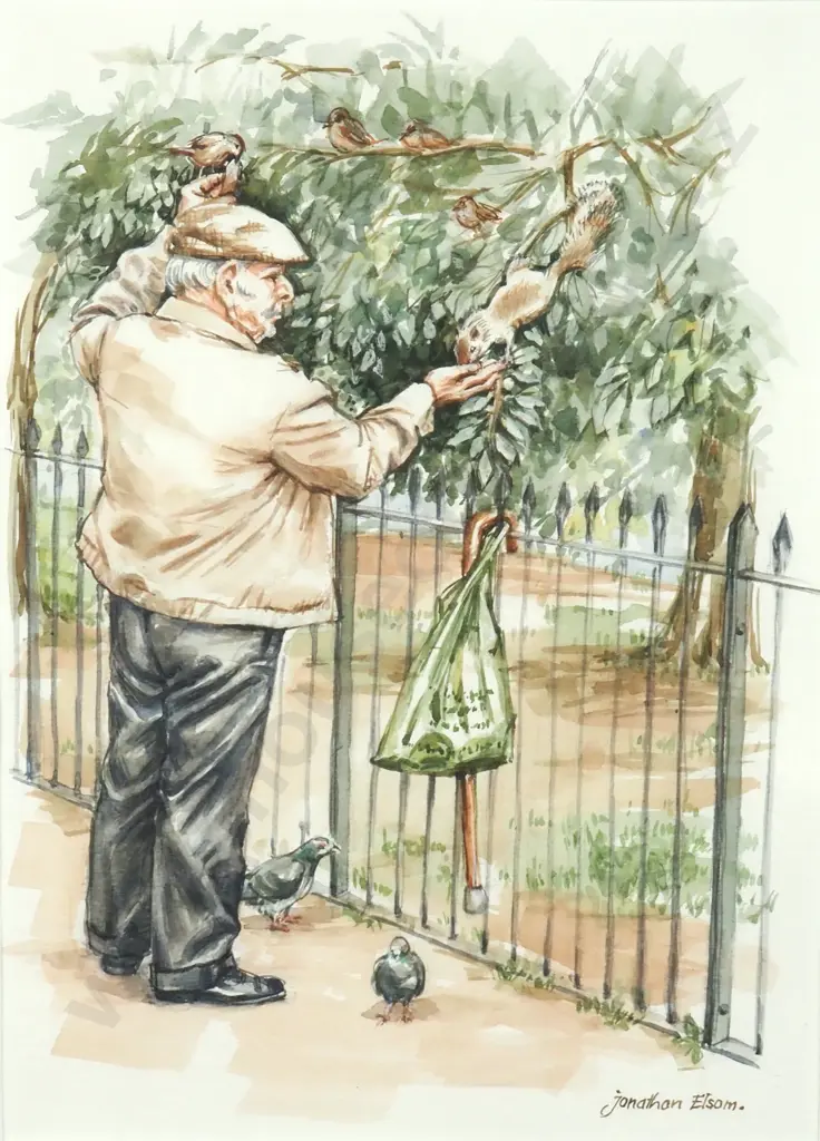 Jonathon Elsom - Feeding the Squirrels, Regents Park London 1994, Watercolour Image 1++