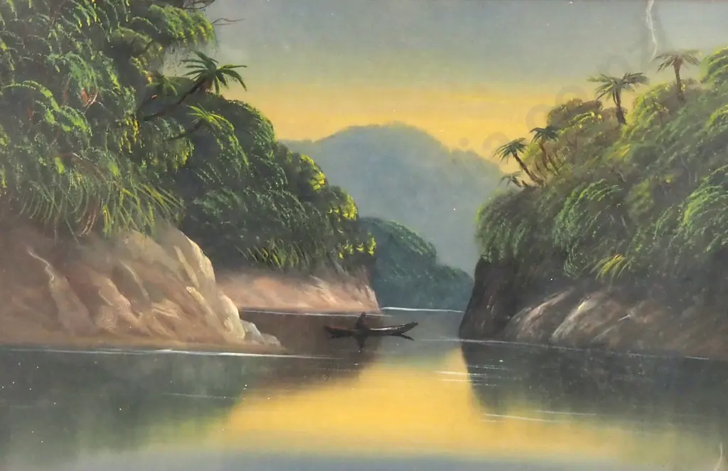 Artist Unknown - Colonial Scene w Canoe, Oil Image 1++