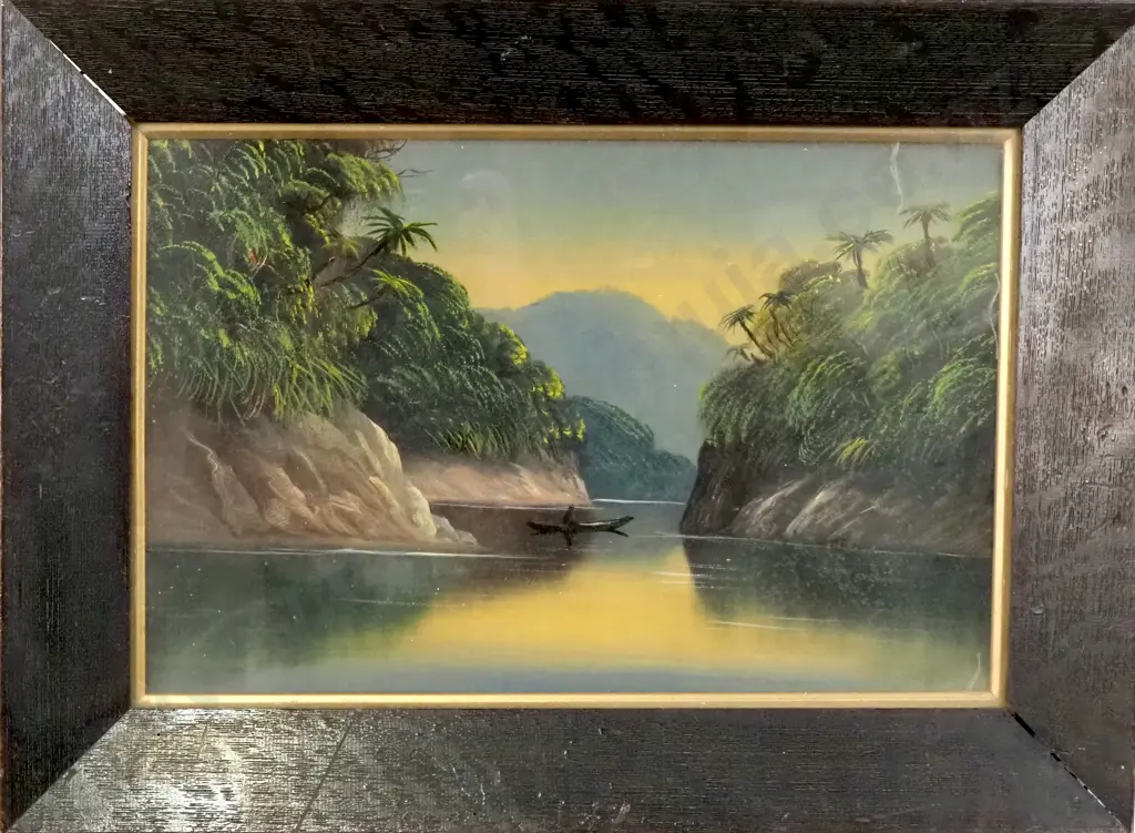 Artist Unknown - Colonial Scene w Canoe, Oil Image 1++