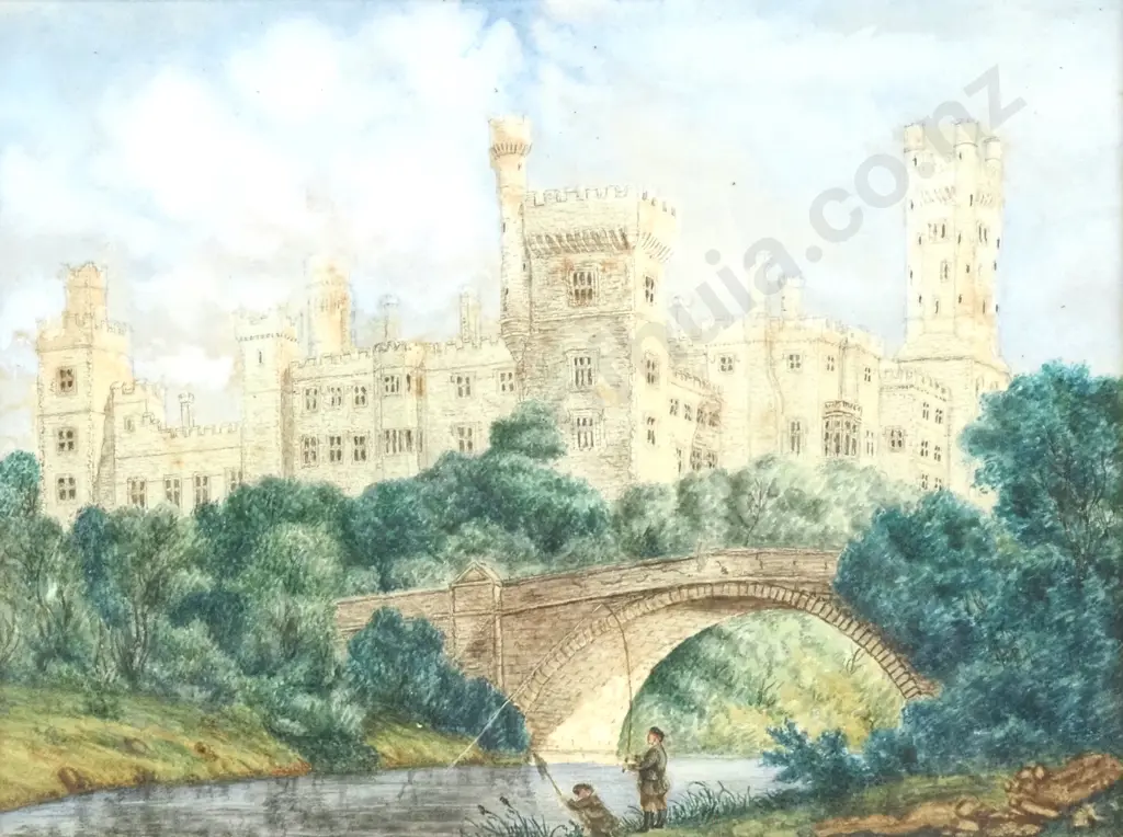 Artist Unknown - Fly Fishers Below a Castle, Watercolour & Ink Image 1++
