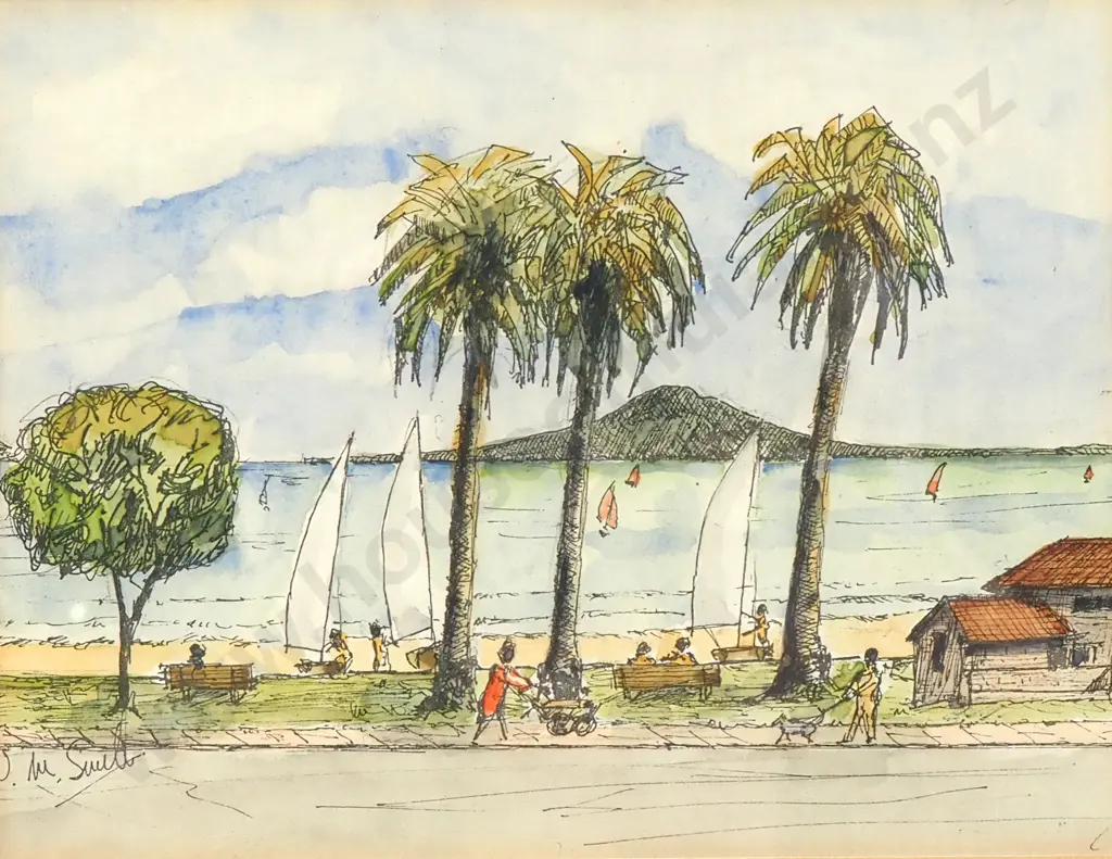 W Mein Smith - Tamaki Drive St Heliers, Pen & Watercolour Image 1++