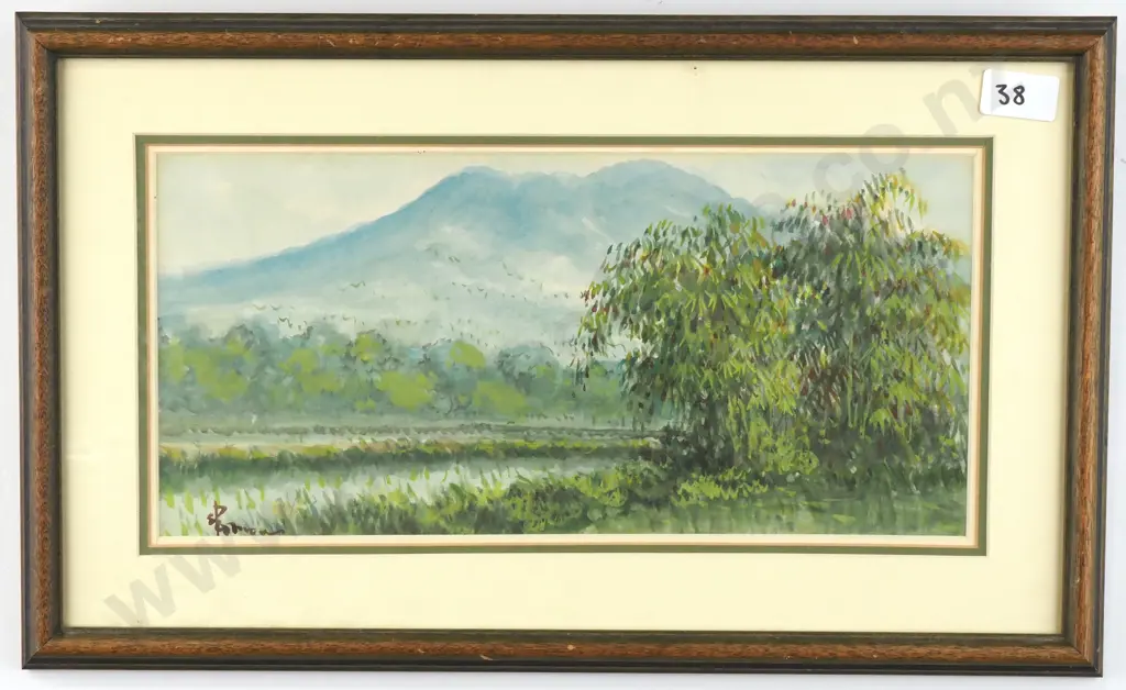 Artist Unknow - Landscape w Mountain & Trees, Watercolour Image 1++