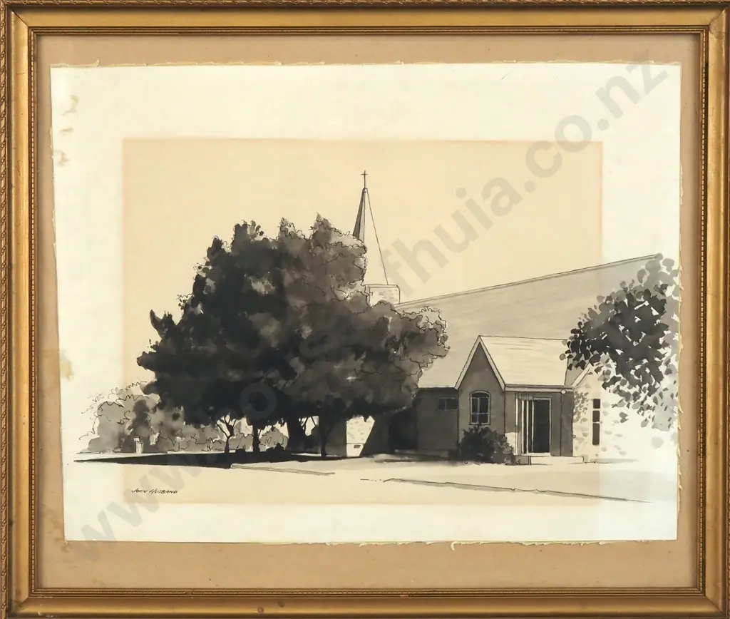 John Husband - Church Scene, Watercolour & Ink Image 1++