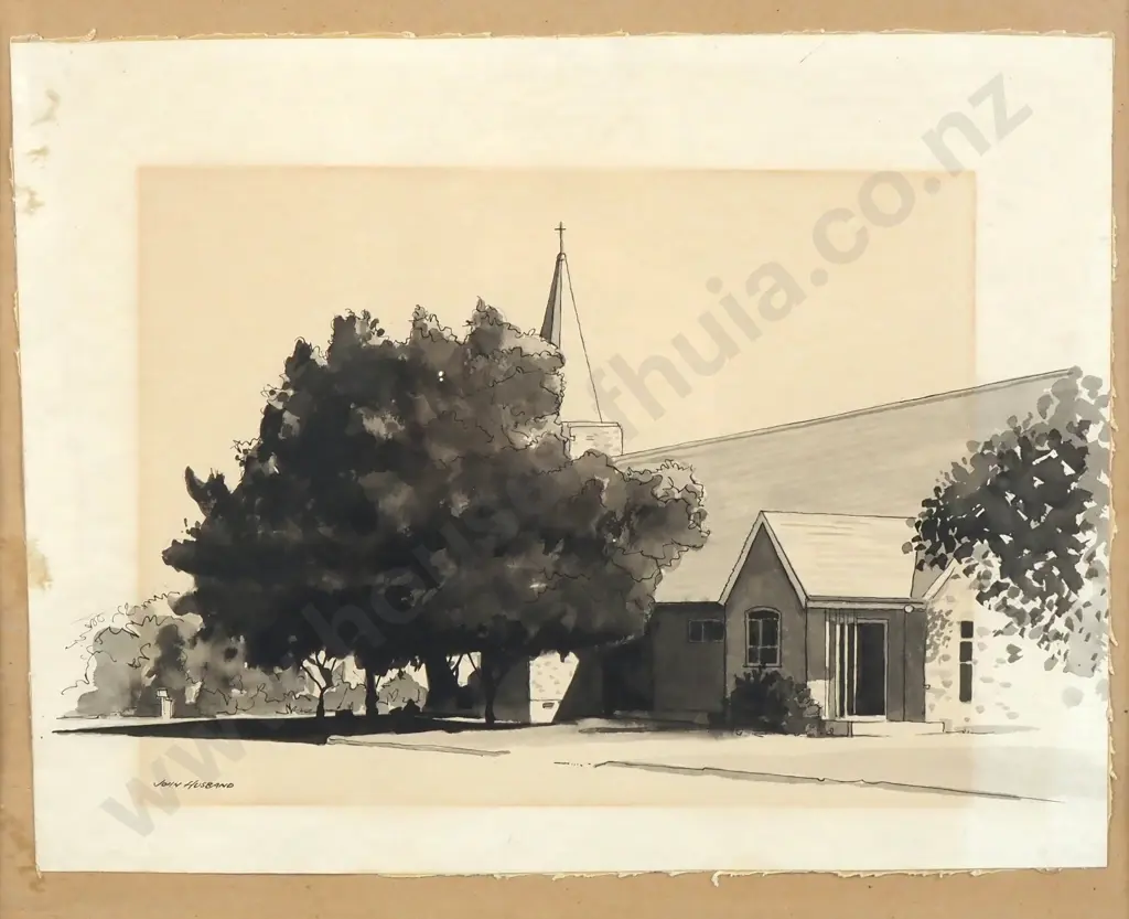 John Husband - Church Scene, Watercolour & Ink Image 1++