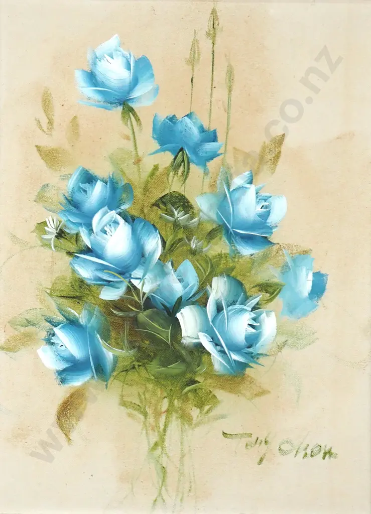 Toby Olsen - A Cluster of Royal Blue Flowers, Oil Image 1++