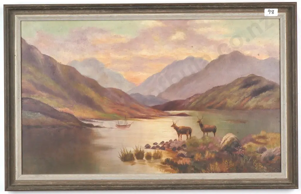 Artist Unknown - Landscape Scene w Deer, Oil On Board Image 1++