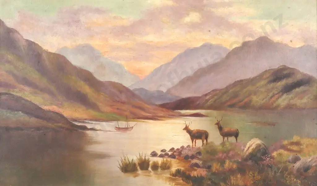 Artist Unknown - Landscape Scene w Deer, Oil On Board Image 1++